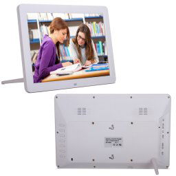 Cadre photo numérique multimédia à affichage LED de 12 pouces avec support / lecteur de musique et lecteur vidéo / fonction de télécommande, prise en charge USB / SD, haut-parleur stéréo intégré (blanc)