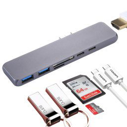 Adaptateur HUB multi-fonctions en alliage d aluminium double USB-C / Type C avec HDMI femelle et 2 ports USB 3.0 & 2 ports USB-C / Type-C & fente pour carte SD & fente pour carte TF