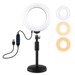 Support de bureau à base ronde PULUZ + 6,2 pouces 3 modes USB Dimmable Anneau LED Vlogging Video Light, hauteur réglable: 18cm-28cm