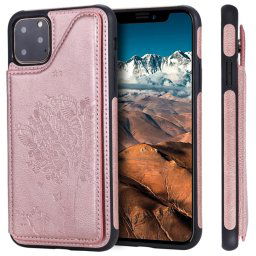 Pour iPhone 11 Pro Max Arbre à chat gaufrage Motif antichoc Etui de protection avec fentes pour cartes et cadre photo (Or rose)