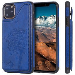 Pour iPhone 11 Pro Max Arbre à chat gaufrage, étui de protection antichoc avec fentes pour cartes et cadre photo (bleu)
