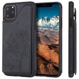 Pour iPhone 11 Pro Max Arbre à chat gaufrage, étui de protection antichoc avec fentes pour cartes et cadre photo (noir)