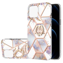 Épissage de galvanoplastie Modèle de fleur de marbre TPU Case antichoc avec support d'anneau de strass pour iPhone 13 Pro (Couronne impériale)