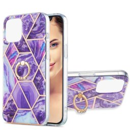 Épissage de galvanoplastie Modèle de marbre Dual-côté IMD TPU TPU Case antichoc avec porte-bague pour iPhone 13 Pro (violet foncé)