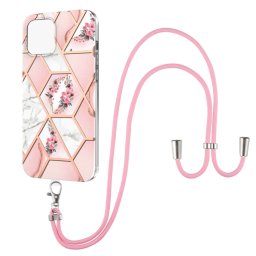 Épisseur de galvanoplastie Modèle de fleur de marbre TPU Case antichoc avec longe pour iPhone 13 Pro (fleur rose)