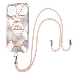 Épissage de galvanoplastie Motif de fleurs de marbre TPU Case antichoc avec longe pour iPhone 13 Pro (Couronne impériale)