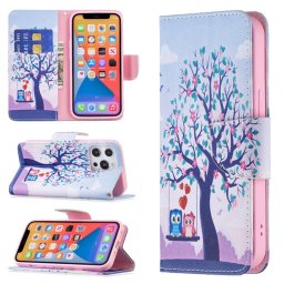 Modèle de dessin coloré Horizontal Flip Cuir Case avec porte-cartes et portefeuille pour iPhone 13 Pro (deux hiboux)