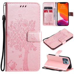 Tree & Cat motif pressé Impression Horizontale Flip PU Coque en cuir PU avec support & carte Slots & Portefeuille et longe pour iPhone 13 Pro (Rose Gold)
