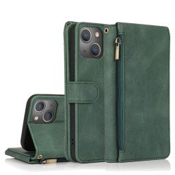Peau-Senteur Crazy Horse Texture Fermeture à glissière Portefeuille Sac à portefeuille Horizontal Horizontal Flip Cuir Sac avec support & Card Slots & Portefeuille et longe pour iPhone 13 Pro (vert foncé)