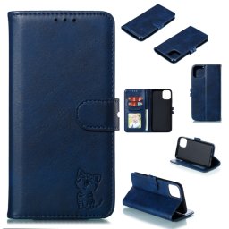 Embase Happy Happy Cat Motif Horizontal Flip Cuir Coffret avec porte-cartes et portefeuille pour iPhone 13 mini (bleu)