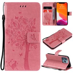 Tree & Cat motif pressé Impression Horizontale Flip PU Coque en cuir PU avec support & carte Slots & Portefeuille et longe pour iPhone 13 Pro (rose)