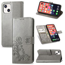 Pour iPhone 13 Fermoir au trèfle à quatre feuilles Boucle en relief de protection mobile Cas de protection de téléphone portable avec lanière et fente de carte et portefeuille et support de portefeuille (gris)
