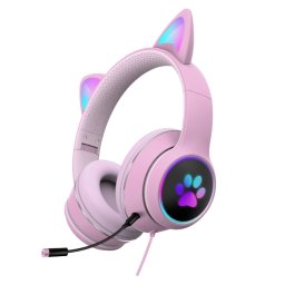 AKZ-022 USB + 3.5mm Port Cat Design Casque à LED pliable avec MIC (rose)