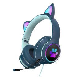 AKZ-022 USB + 3.5mm Port Cat Oread Casque à LED pliable avec micro (bleu foncé)