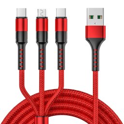 3 en 1 USB à Dual Type-C + Micro USB Câble de données de la synchronisation rapide, sortie: 3A (rouge)