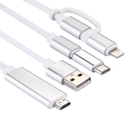Câble adaptateur 3 en 1 Micro USB & 8 broches & Type-C vers HDMI HD 1080P HDTV (Argent)