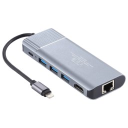 6 en 1 USB 2.0 x 3 + HDMI + RJ45 + Port de charge femelle 8 broches vers adaptateur de station d'accueil multifonction mâle 8 broches