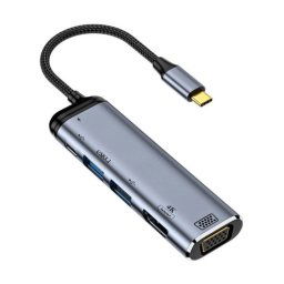 Y002 Adaptateur multifonctionnel 6 en 1 Type-C vers VGA + HDMI + Double USB + Double USB-C / Type-C