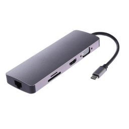 WS-11 8 en 1 Type-C à HDMI + VGA + SD + TF + RJ45 + PD + 2 x Convertisseur Adaptateur Hub USB3.0