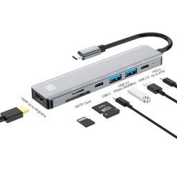 JUNSUNMAY 7 en 1 Type-C vers 4K Adaptateur de station d'accueil HDMI PD Hub de charge rapide Lecteur de carte SD / TF