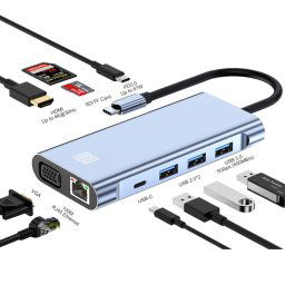 JUNSUNMAY 10 en 1 Type-C vers 4K HDMI + VGA + RJ45 + Adaptateur de station d'accueil audio 3,5 mm PD Hub de charge rapide Lecteur de carte SD / TF