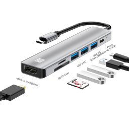 JUNSUNMAY 7 en 1 Type-C vers 4K Adaptateur de station d'accueil HDMI PD Hub de charge rapide Lecteur de carte SD / TF