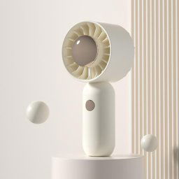 La main tient un petit ventilateur de poche portable, style : version de placage de pulvérisation blanc.