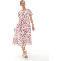 Threadbare - Robe mi-longue en jersey imprimÃ© fleuri avec manches courtes et poches - Rouge Rouge 36 female