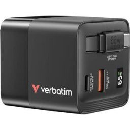 Verbatim GaN Charger 65 W Adaptateur de voyage 65 W 1x USB-A, 1x USB-C® Power Delivery, Power Delivery 3.0, QC 3.0 noir chargeur rapide, GaN, avec adaptateur