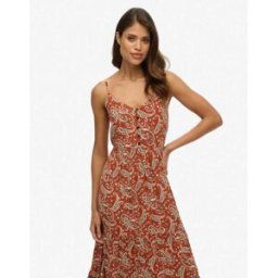 Superdry - Robe mi-longue boutonnÃ©e en partie avec volants et imprimÃ© cachemire bohÃ¨me - Marron Marron 42 female