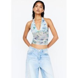 Pull&Bear Top Encolure Américaine Fleurs Bleues Divers M female