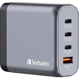 Verbatim GNC-140 GaN Adaptateur de voyage 140 W 1x USB-A, 3x USB-C® Power Delivery, QC 3.0, USB PD 3.1 gris GaN, avec adaptateur pour lEurope, avec adaptateur