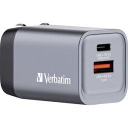 Verbatim GNC-35 GaN Adaptateur de voyage 35 W 1x USB-A, 1x USB-C® Power Delivery, Power Delivery 3.0, QC 3.0 gris GaN, avec adaptateur pour lEurope, avec