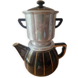 ART Cafetière vintage porcelaine à feu filtre alu Faience années 60 théière noir 24x20x28