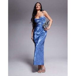 Rare London - Robe longue en satin imprimÃ© papillon avec buste froncÃ© et dos ouvert Ã laniÃ¨res croisÃ©es - Bleu Bleu 32 female