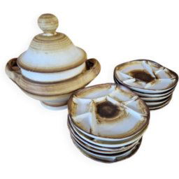 ART Longchamp, France - Service à fondue en faience - Design 1960/70 beige 22x22x32