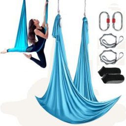 VEVOR Hamac de Yoga Aérien 5x2,8 m Kit Balançoire de Yoga Inversion Danse Aérienne en Nylon 100 g/m² Charge 1000 kg Vol Anti-gravité d'Air pour Fitness Musculation Pilates Gym Maison Studio Bleu