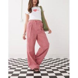 Reclaimed Vintage - Pantalon baggy habillÃ© aspect lin Ã carreaux vichy - Rouge-Multicolore Multicolore 32 female