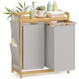 SONGMICS Panier à linge en bambou, Gris Tourterelle / 100 L (2 Compartments)