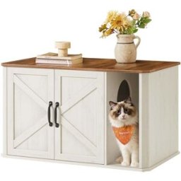 Feandrea Meuble litière pour chat, Marron Miel + Blanc Rustique