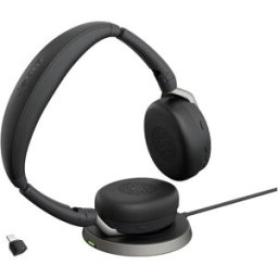 Jabra Evolve2 65 Flex Link380c MS + Ladepad Micro-casque supra-auriculaire Bluetooth Stereo noir Noise Cancelling micro-casque, mise en sourdine du microphone,
