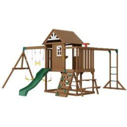 VEVOR Kit Portique Balançoire en Bois 10-en-1, Aire de Jeux avec 2 Balançoires, Barre Trapèze, Toboggan, Grand Fort Supérieur avec Jouets de Cuisine, Échelle Plate, Mur d'Escalade, Table, Bac à Sable