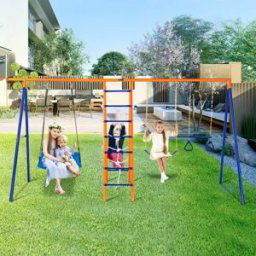 VEVOR Kit Portique Balançoire de Jardin 6-en-1, avec 2 Balançoires, Barre de Trapèze, Échelle, Filet d'Escalade et Panier de Basket-ball, Charge 200 kg, Cadre en Métal Robuste, pour Enfants 3+
