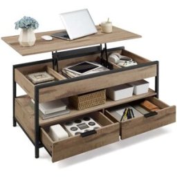 VASAGLE Table basse avec plateau relevable, Marron Camel + Noir D'encre / 100L x (48-63) H cm