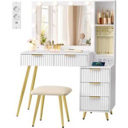 VASAGLE Coiffeuse avec miroir LED tabouret et tiroirs pour maquillage pratique