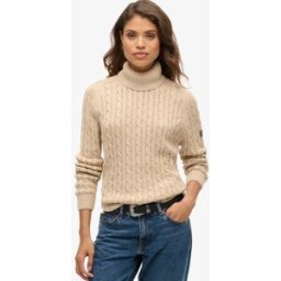 Superdry Femme Pull à col Roulé en Maille Torsadée Décontracté Beige Taille: 38