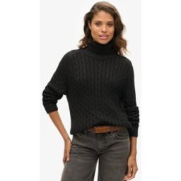 Superdry Femme Pull à col Roulé en Maille Torsadée Décontracté Black Taille: 34