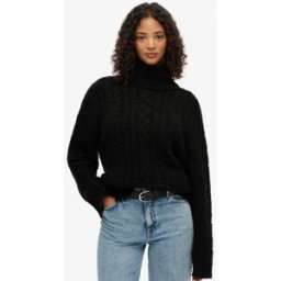 Superdry Femme Pull en Maille Torsadée à col Roulé Black Taille: 38