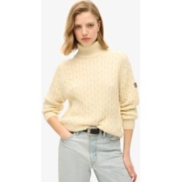 Superdry Femme Pull à col Roulé en Maille Torsadée Décontracté Blanc Taille: 40