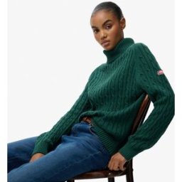 Superdry Femme Pull à col Roulé en Maille Torsadée Décontracté Green Taille: 34
